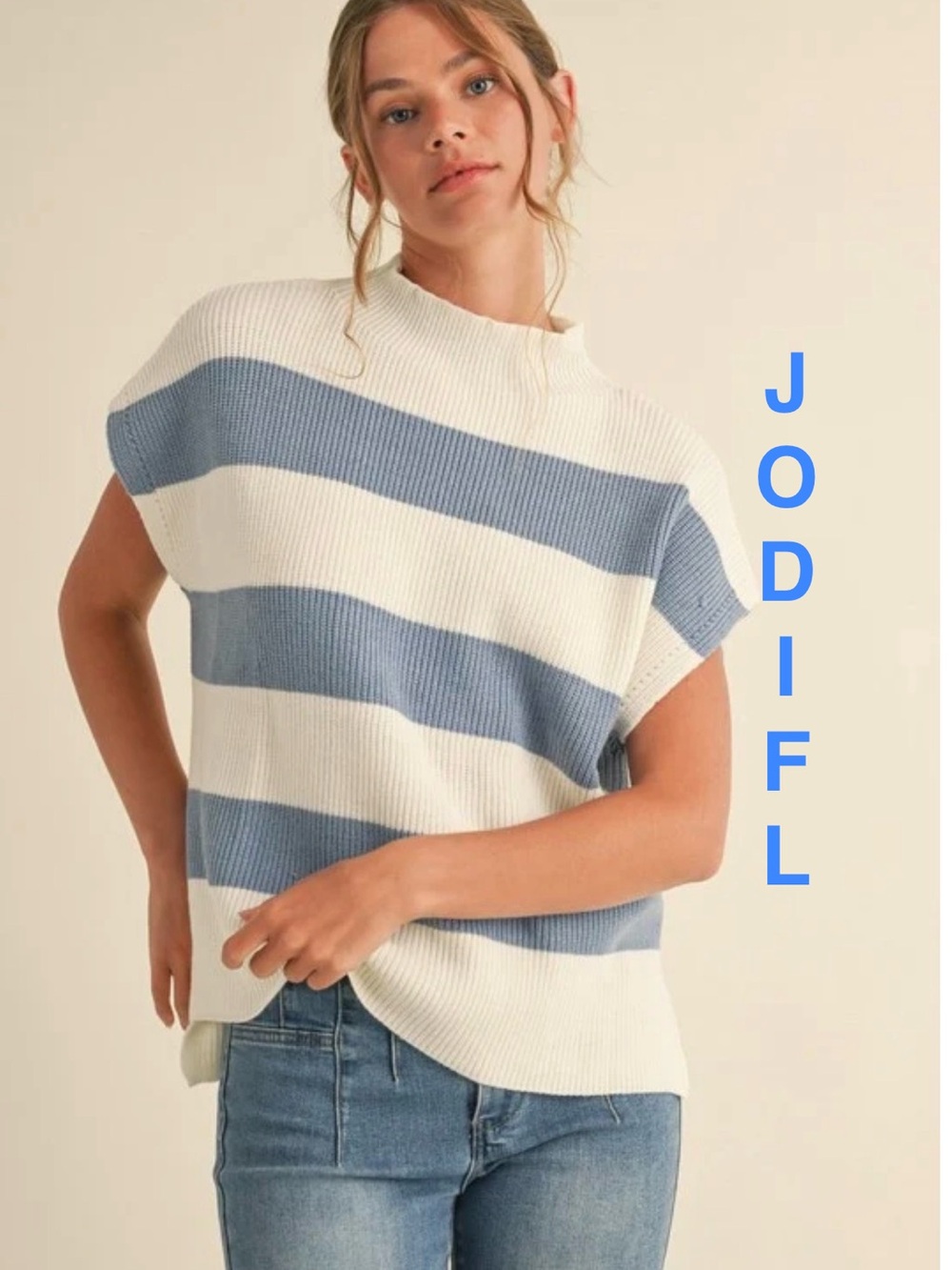 JODIFL | White & Denium Blue Striped Knit Sweater Top - Women’s Medium